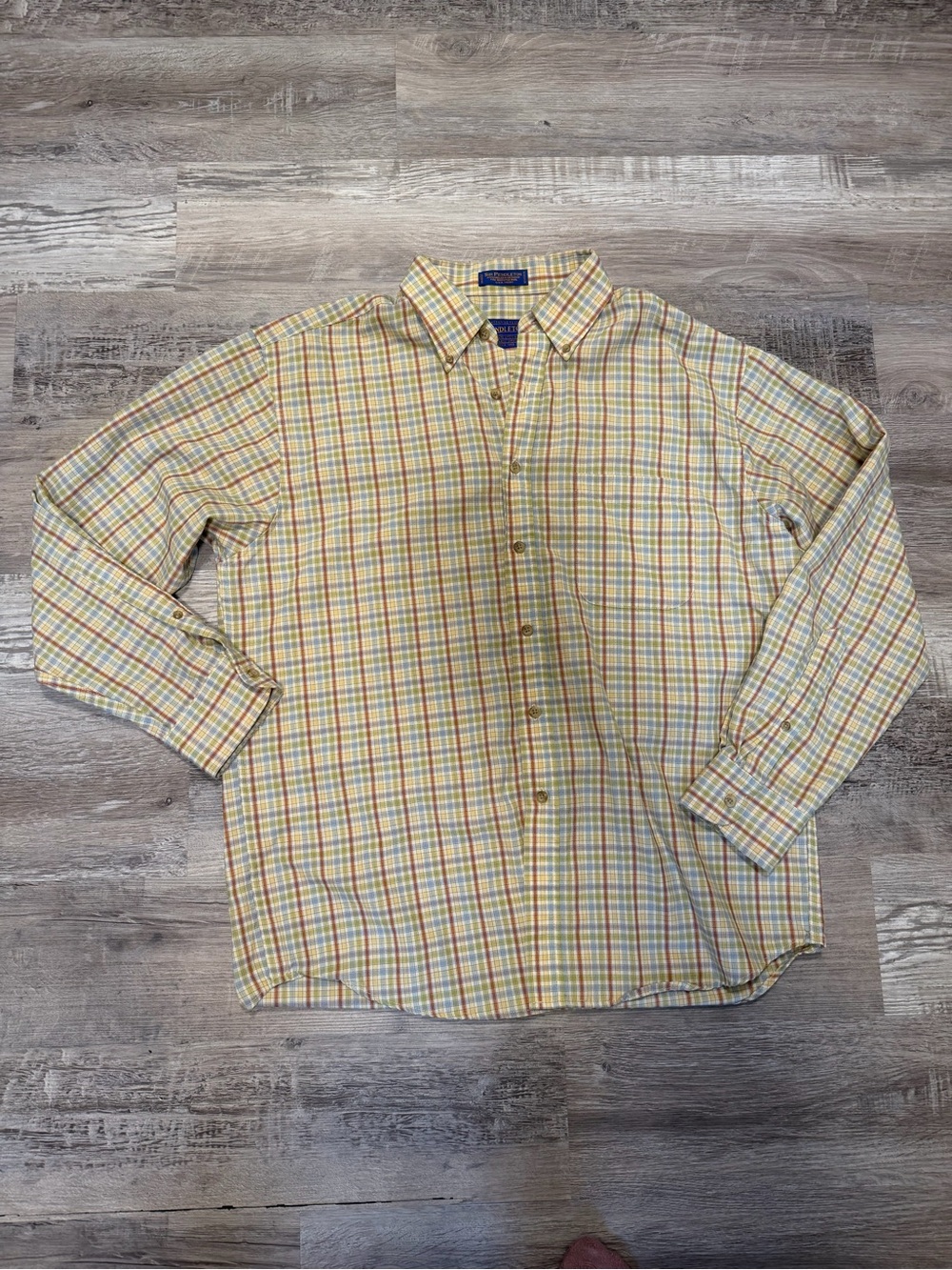 Pendleton Virgin Wool Yellow Brown Blue Muted Plaid Button-Down Western Shirt